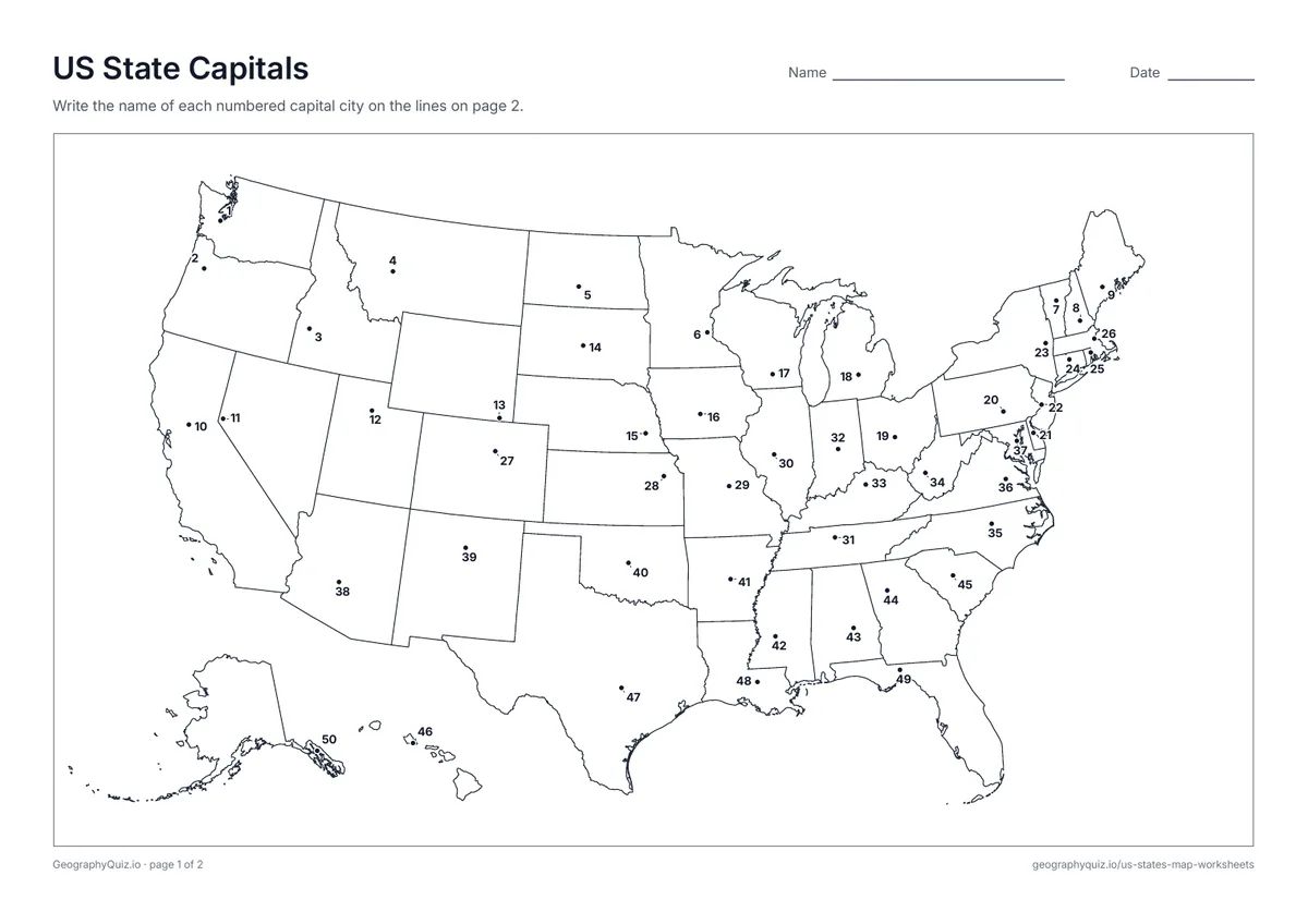 Preview of the printable us state capitals worksheet