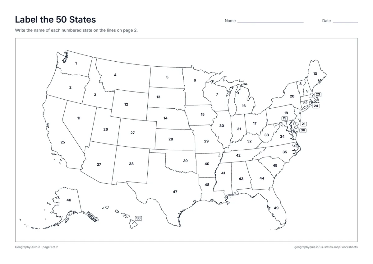 Preview of the printable label the 50 states worksheet