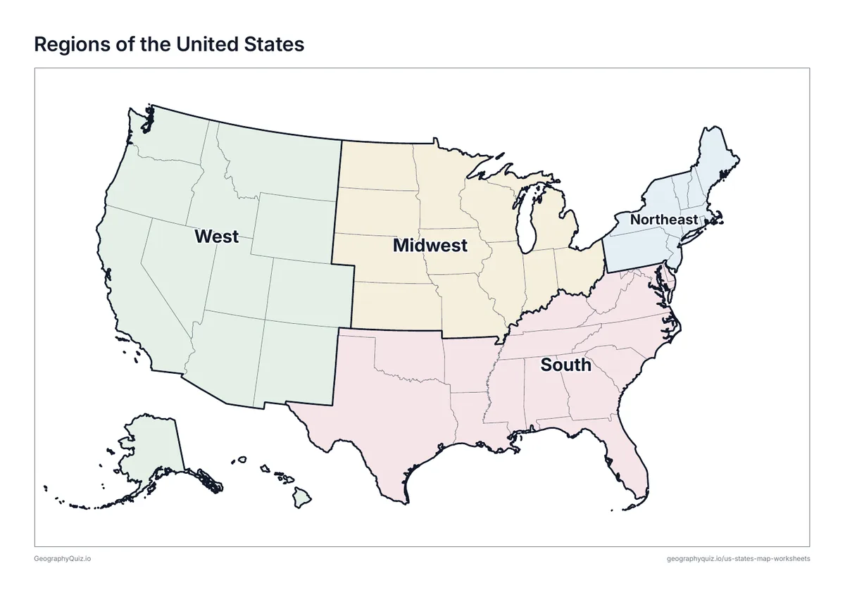 Preview of the printable regions of the united states worksheet
