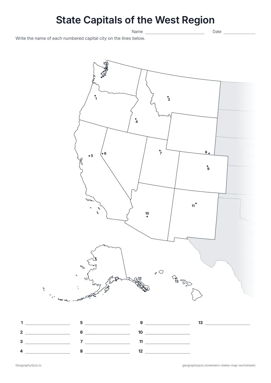 Preview of the printable state capitals of the west region worksheet