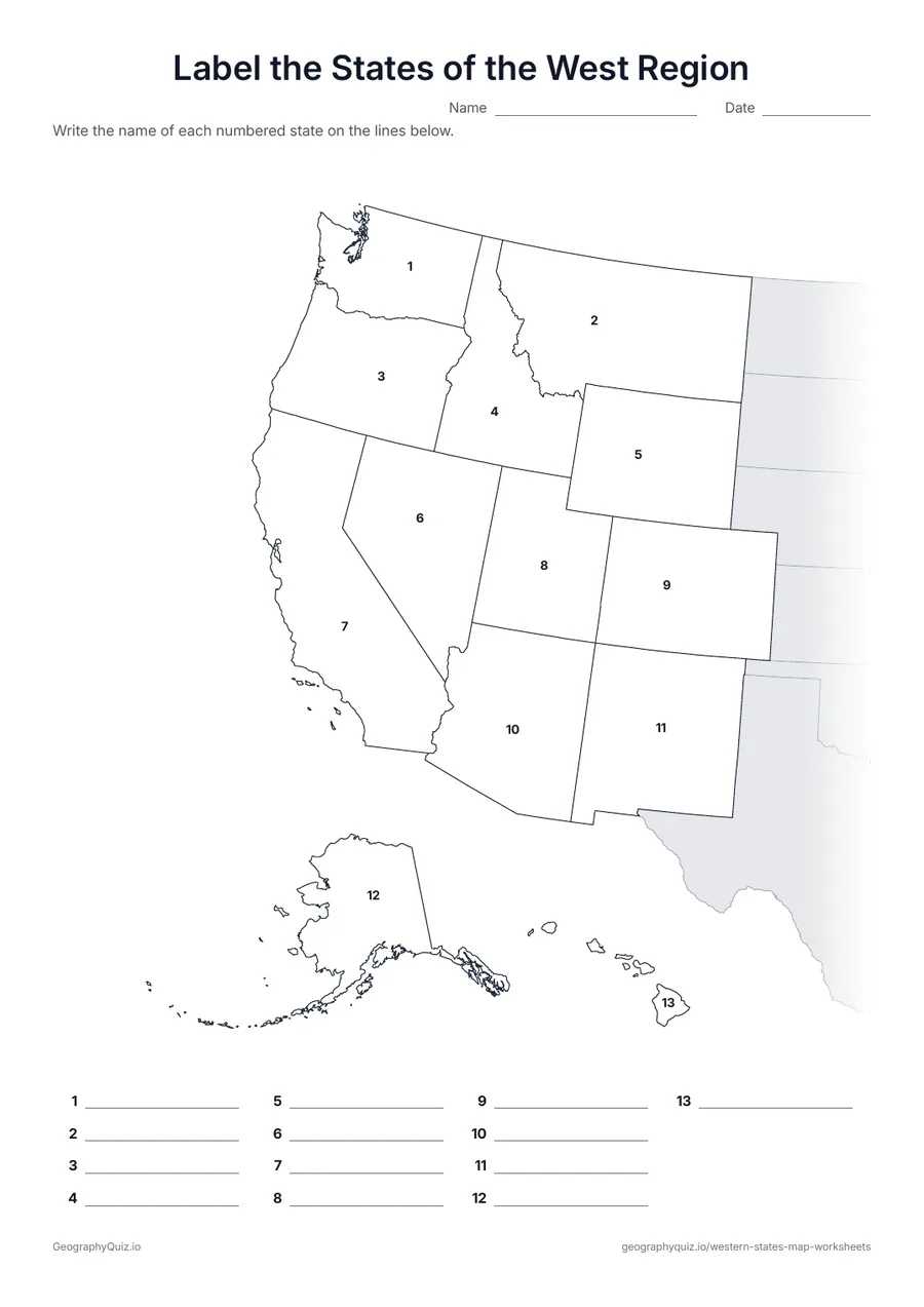 Preview of the printable label the states of the west region worksheet