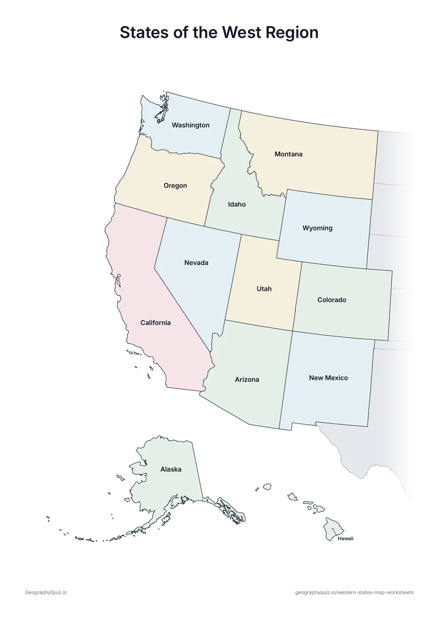 Preview of the printable states of the west region worksheet