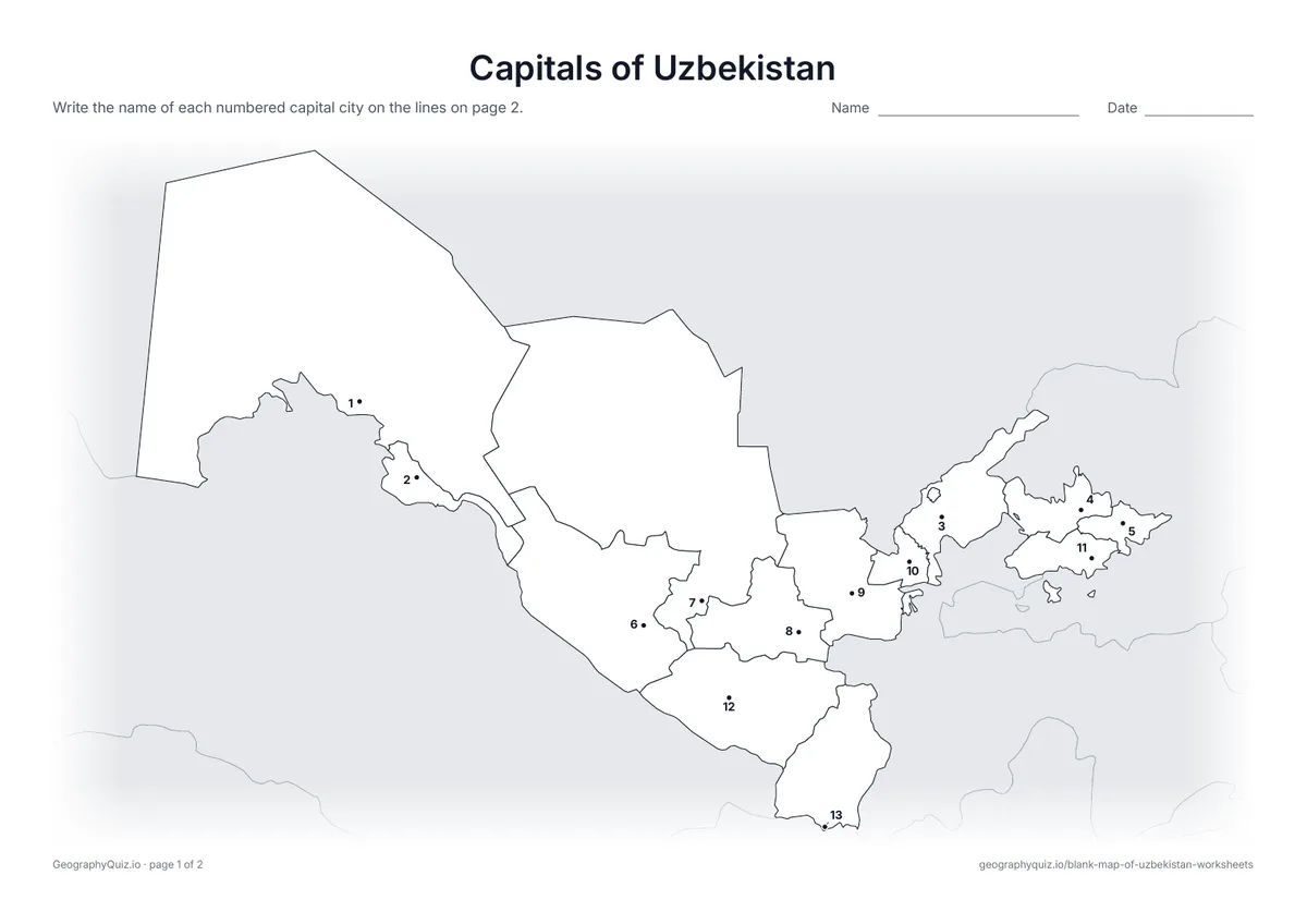Preview of the printable capitals of uzbekistan worksheet