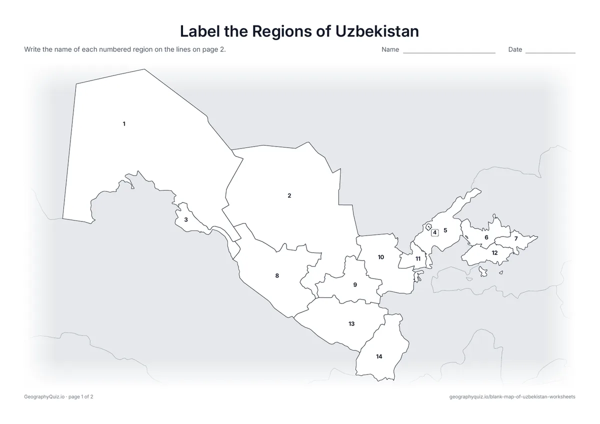 Preview of the printable label the regions of uzbekistan worksheet
