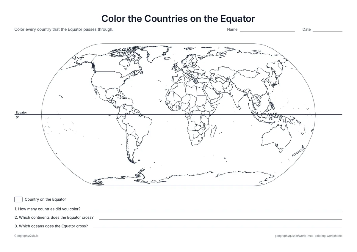 Preview of the printable color the countries on the equator worksheet: The Equator is drawn across the map