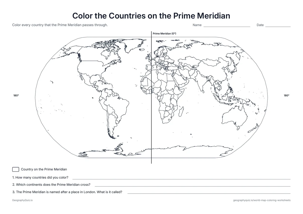 Preview of the printable color the countries on the prime meridian worksheet: The Prime Meridian runs down the map from pole to pole