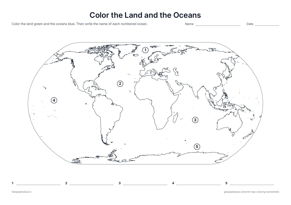 Preview of the printable color the land and the oceans worksheet: Color the land green and the water blue, then write the name of each numbered ocean