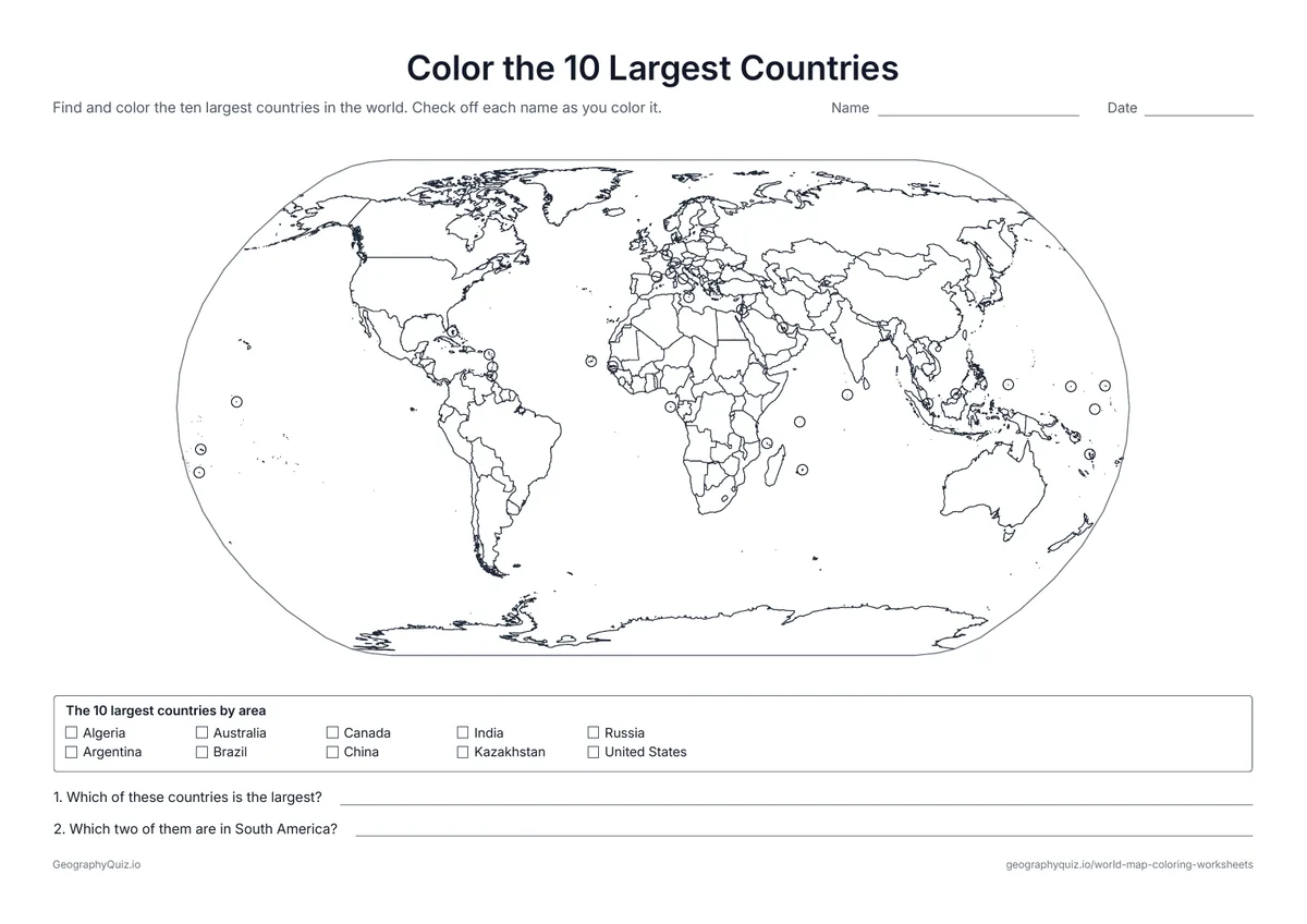 Preview of the printable color the 10 largest countries worksheet: A world map with every country border and a checklist of the ten largest countries by area