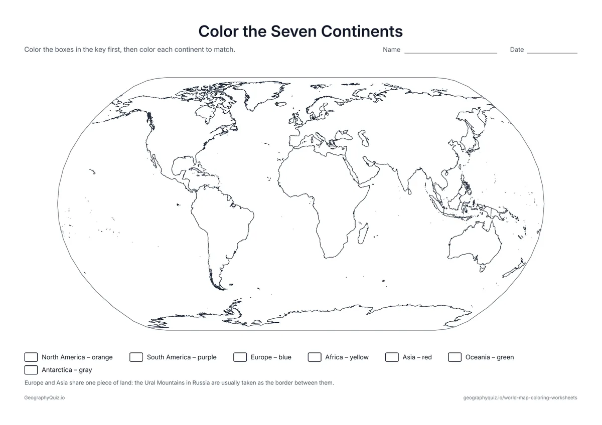 Preview of the printable color the seven continents worksheet: A map of the seven continents with a color key: students color the key first, then each continent to match