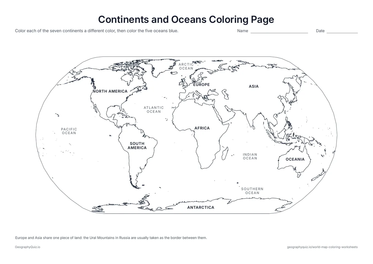 Preview of the printable continents and oceans coloring page worksheet: The seven continents and five oceans are named on the map