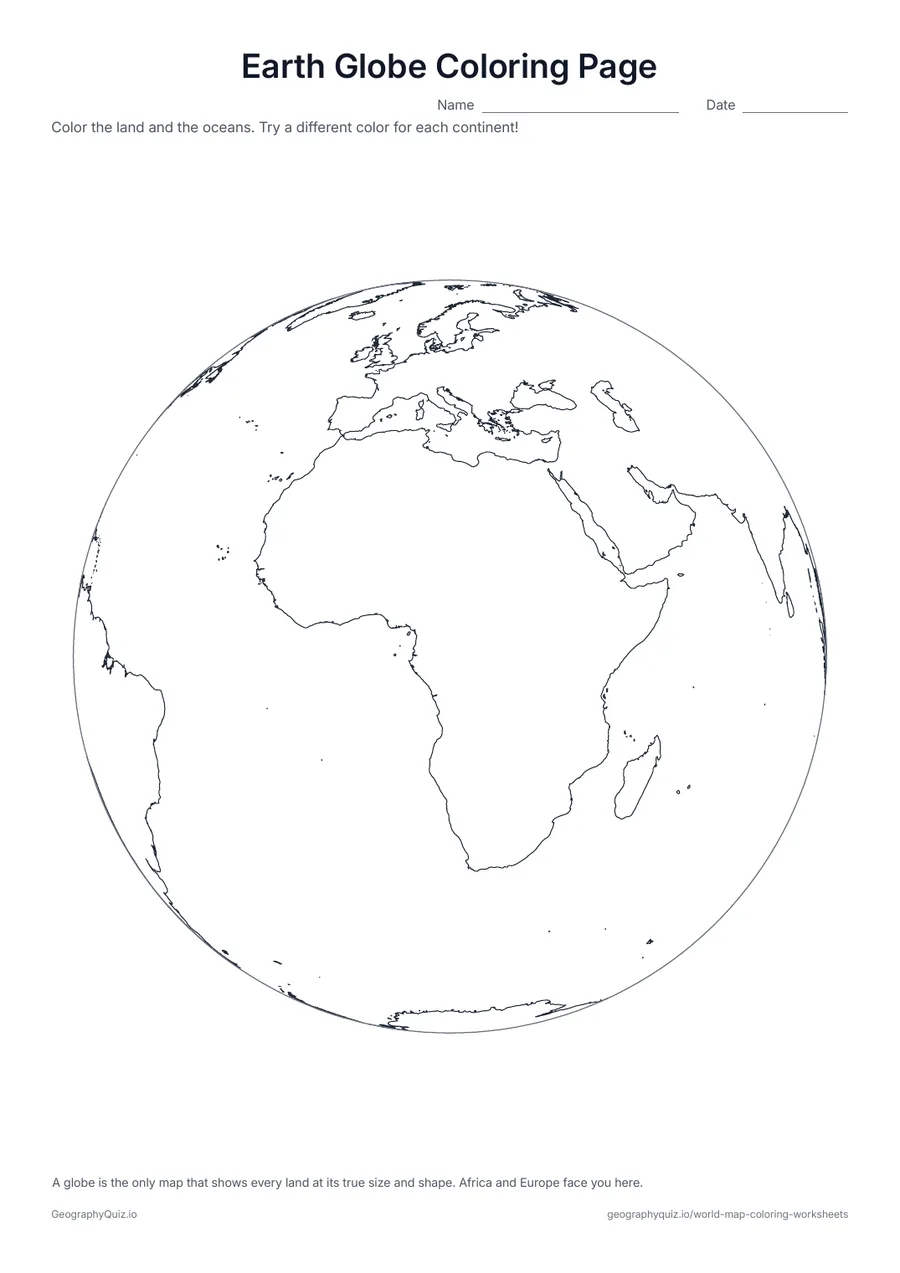 Preview of the printable earth globe coloring page worksheet: The Earth as a round globe, with Africa and Europe in the middle: color the land green and brown and the oceans blue