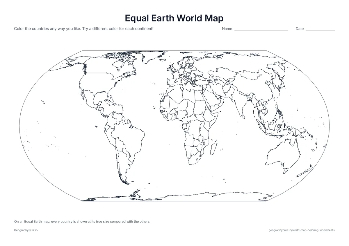Preview of the printable equal earth world map worksheet: The Equal Earth projection, which shows every country at its true size compared with the others