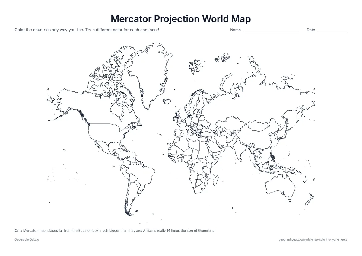 Preview of the printable mercator projection world map worksheet: The classic Mercator map, with a note on why Greenland looks as big as Africa – a good talking point