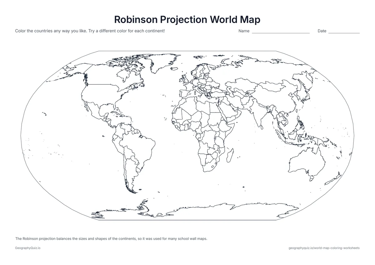 Preview of the printable robinson projection world map worksheet: The world in the Robinson projection, a favorite for school wall maps because it balances the sizes and shapes of the continents