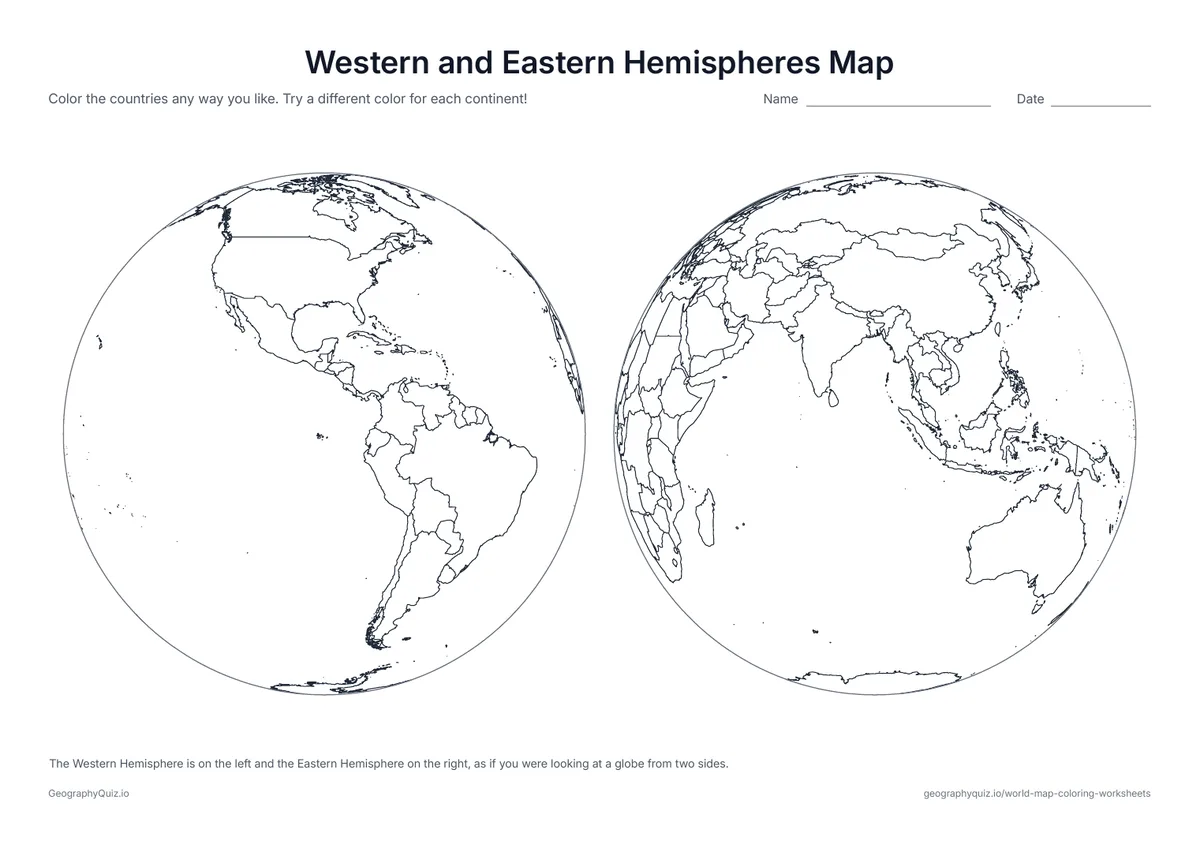 Preview of the printable western and eastern hemispheres map worksheet: Two globes side by side: the Americas on one, Europe, Africa, Asia and Australia on the other