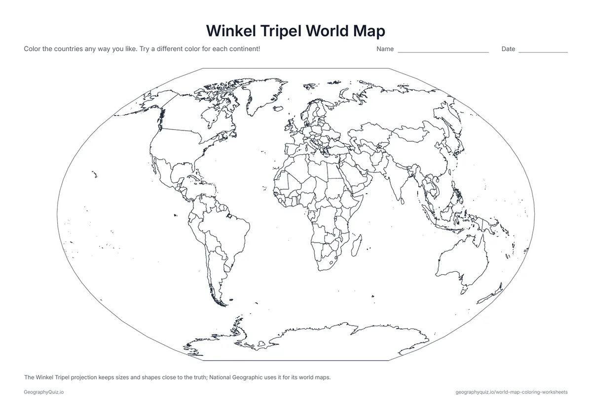 Preview of the printable winkel tripel world map worksheet: The world in the Winkel Tripel projection, the one National Geographic uses for its world maps