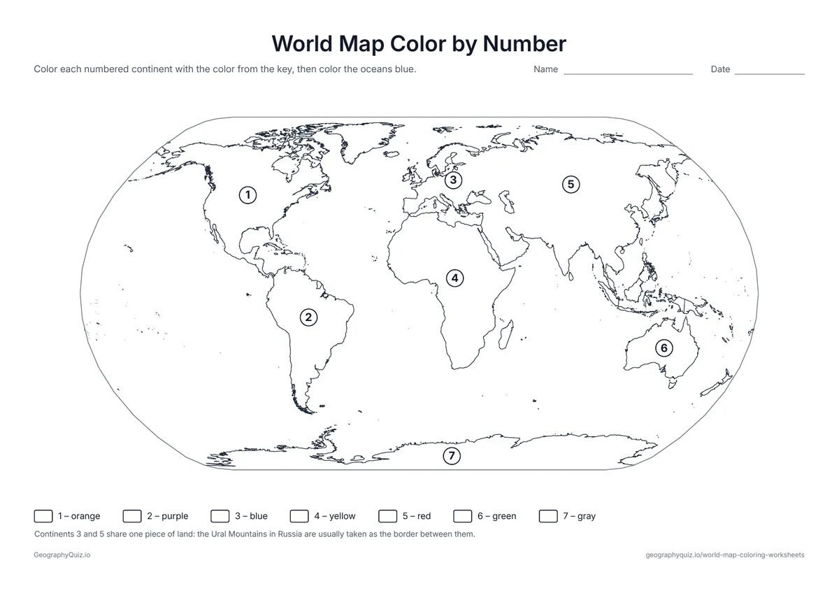 Preview of the printable world map color by number worksheet: Each continent carries a number from 1 to 7