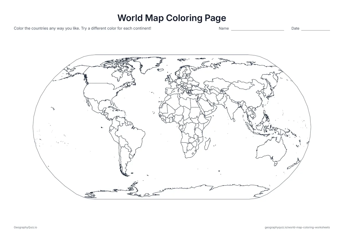 Preview of the printable world map coloring page worksheet: A world map with every country outlined and no names: color the countries any way you like