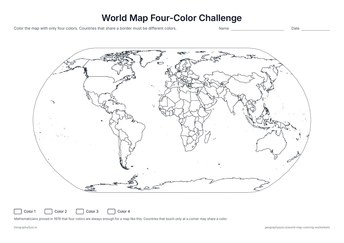 Preview of the printable world map four-color challenge worksheet: Color every country with only four colors so that no two neighbors match – a puzzle with a famous piece of math behind it