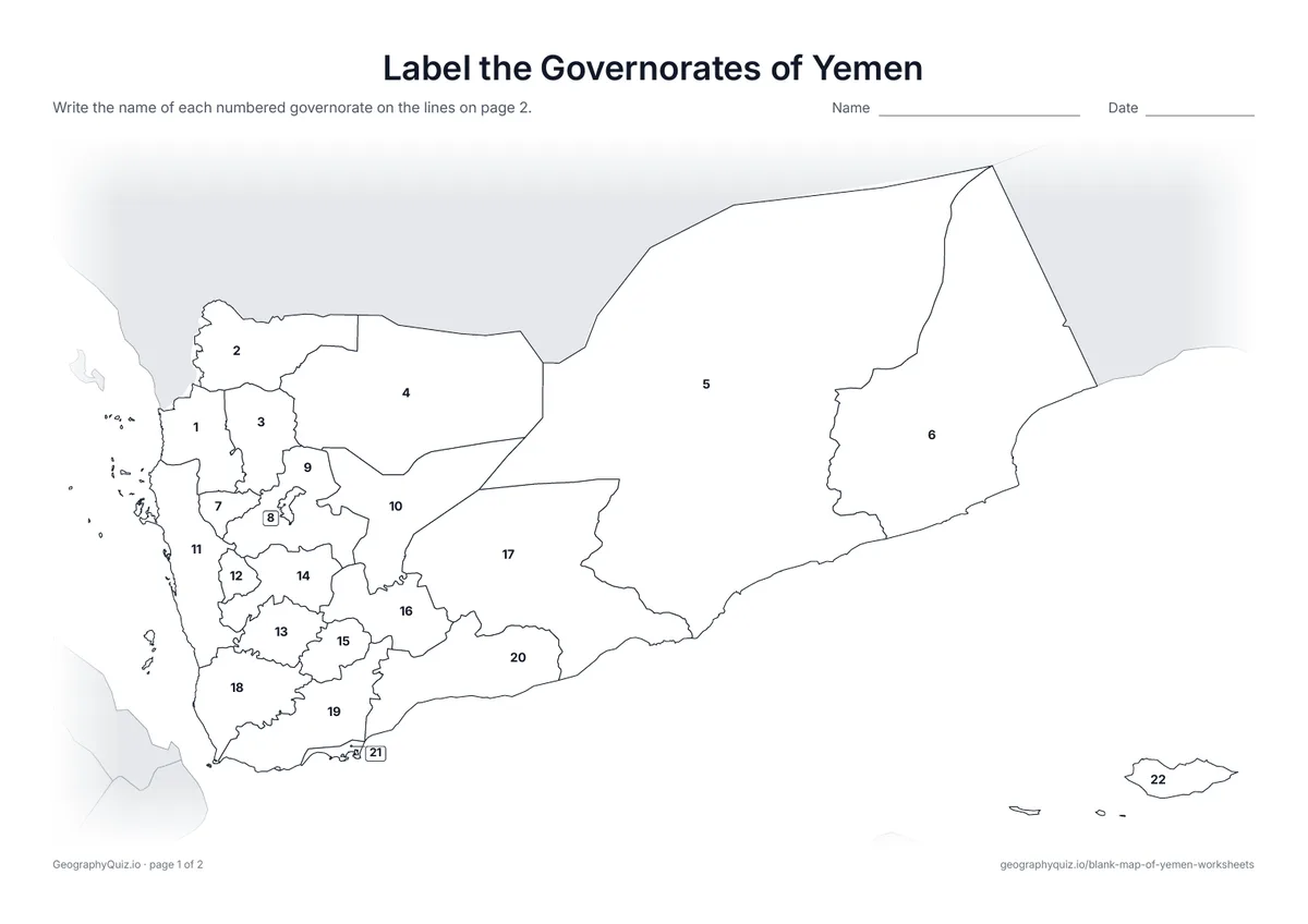 Preview of the printable label the governorates of yemen worksheet