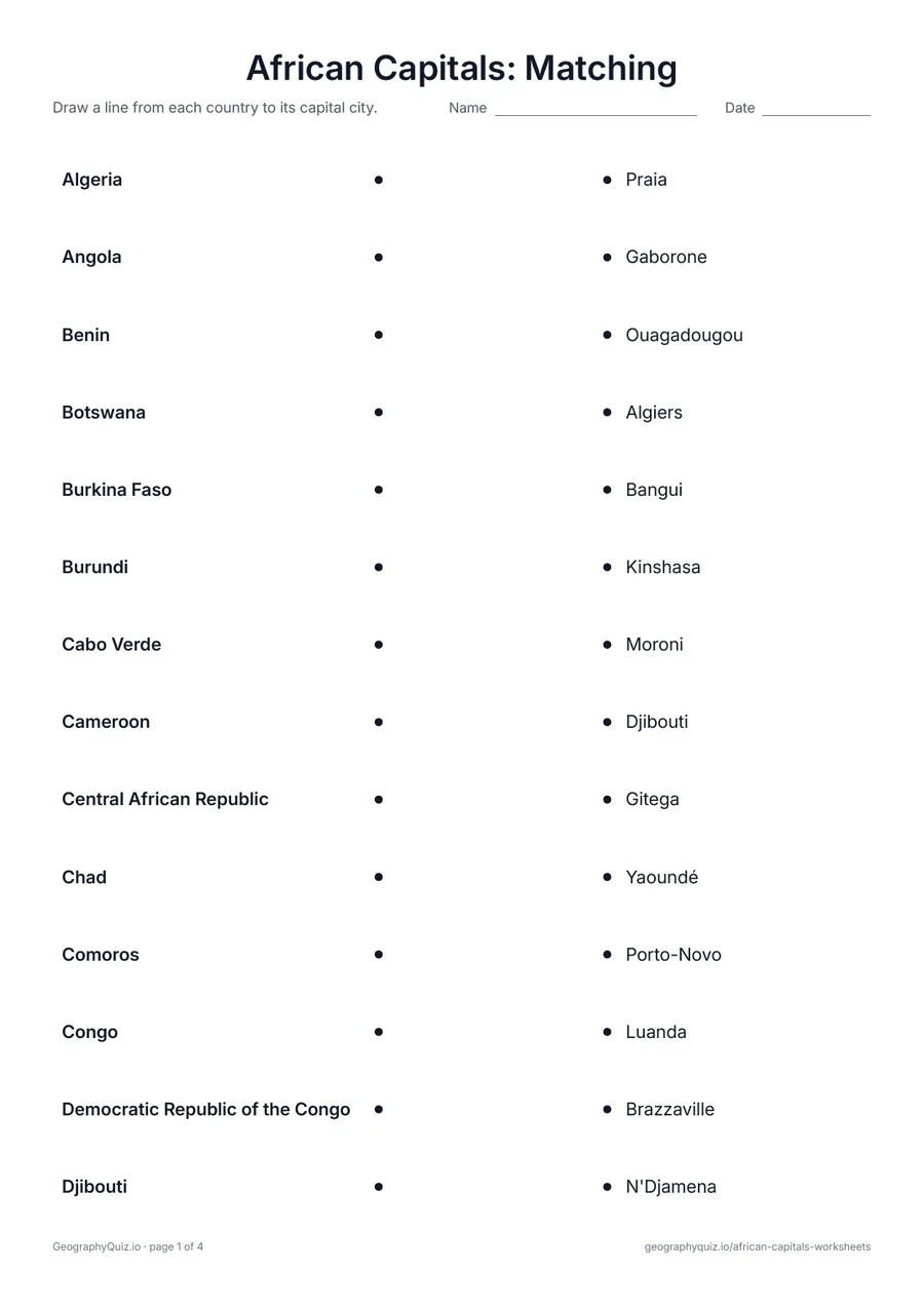 Preview of the printable African Capitals: Matching worksheet