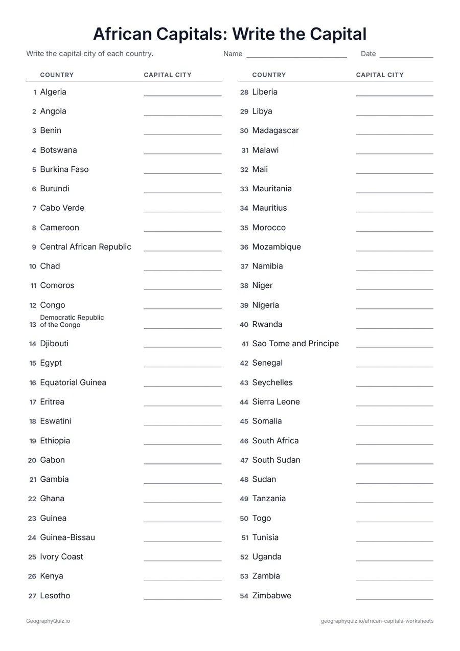 African Capitals: Write the Capital worksheet preview