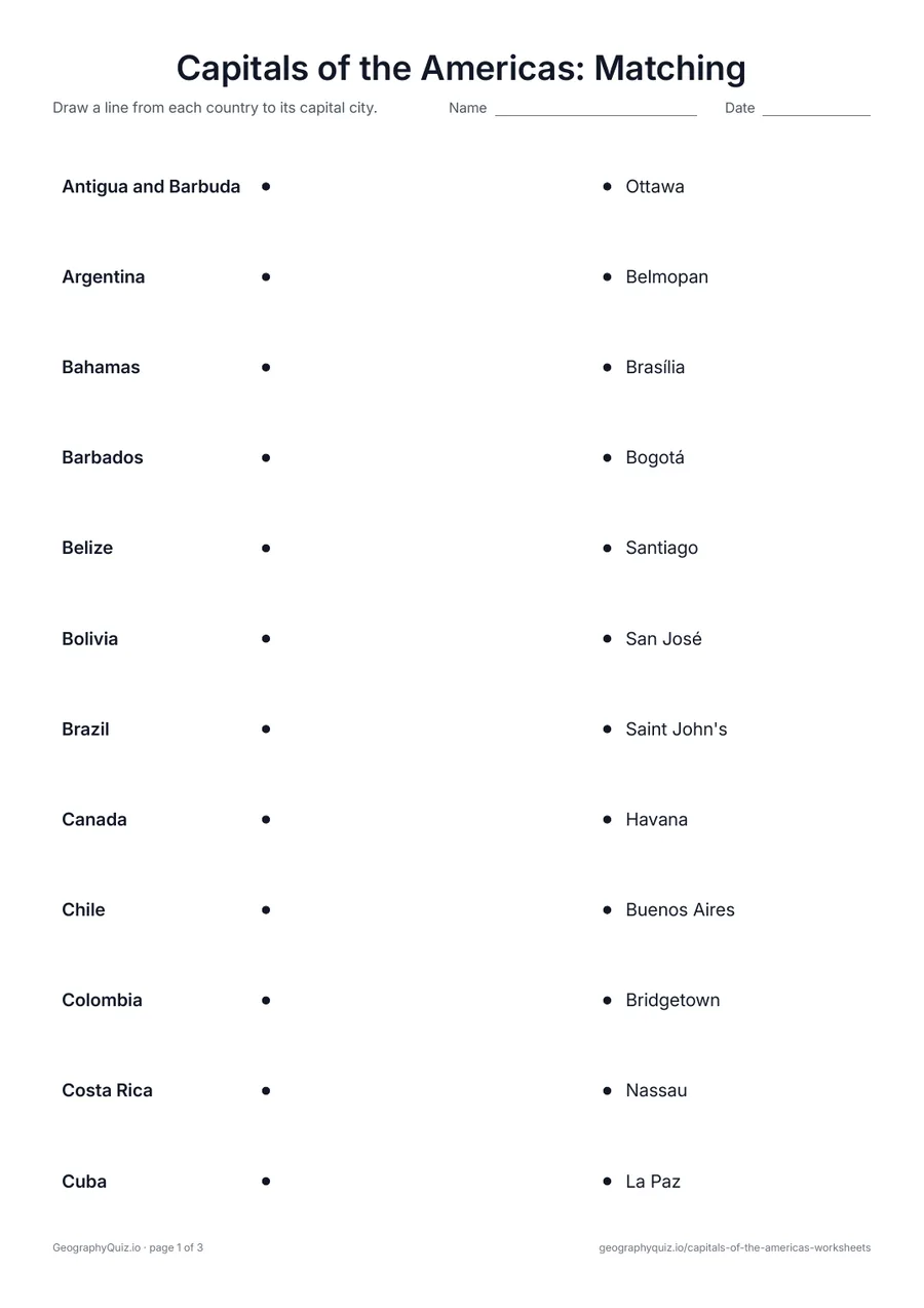 Preview of the printable Capitals of the Americas: Matching worksheet