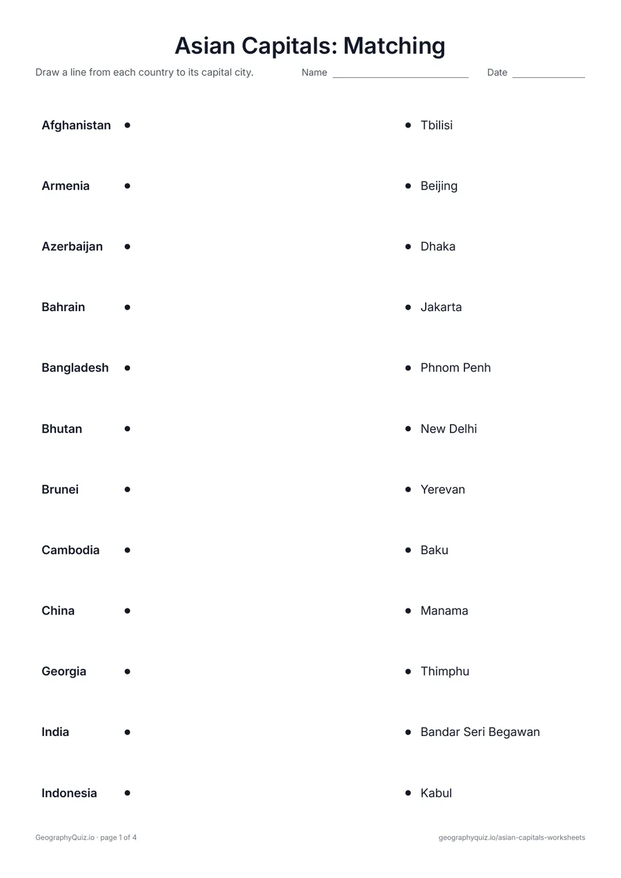 Preview of the printable Asian Capitals: Matching worksheet