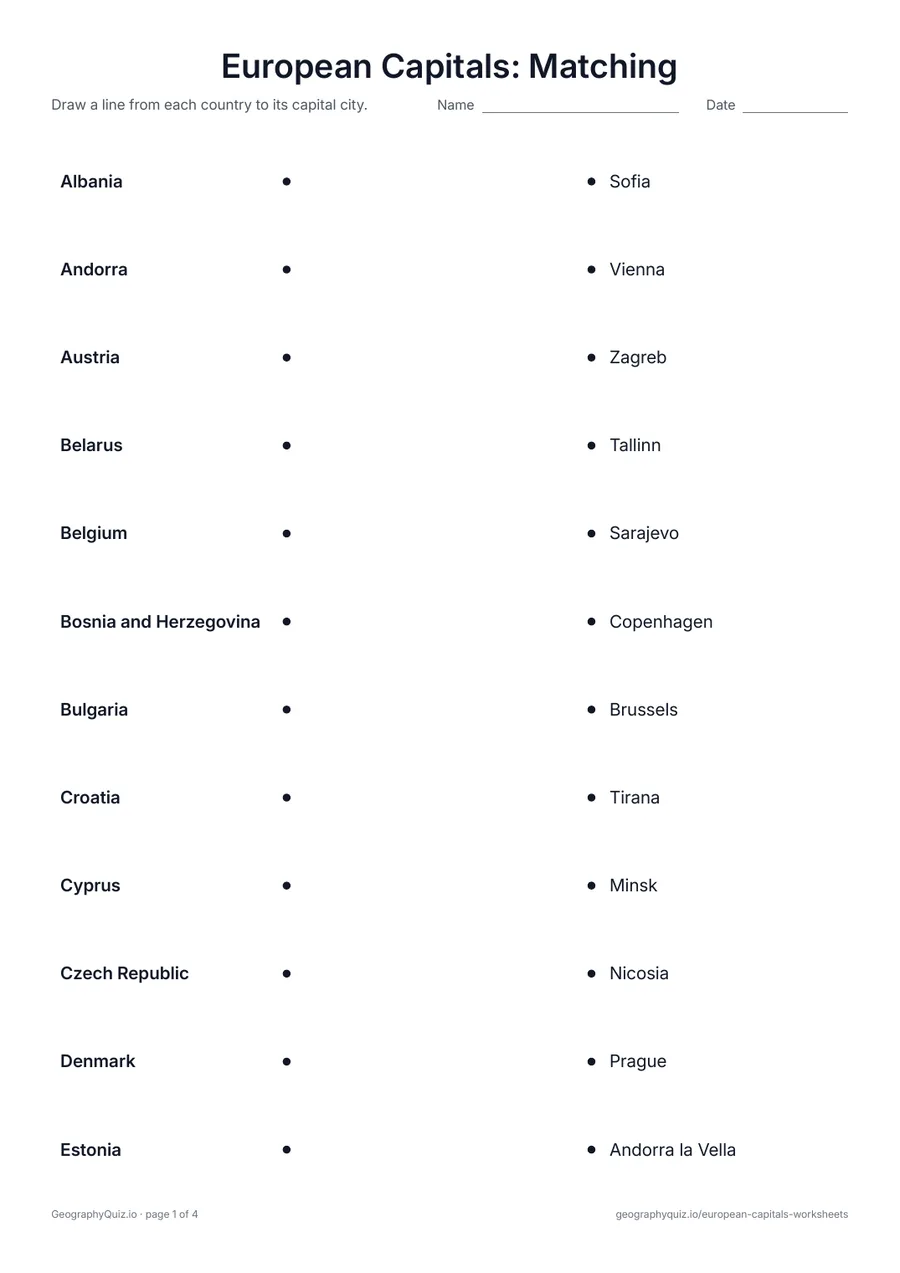 Preview of the printable European Capitals: Matching worksheet