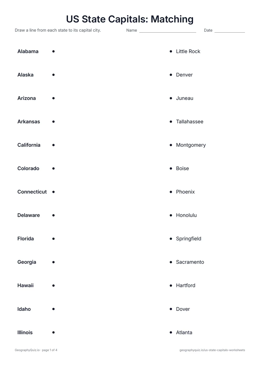 Preview of the printable US State Capitals: Matching worksheet