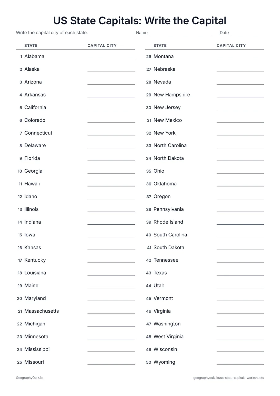 US State Capitals: Write the Capital worksheet preview