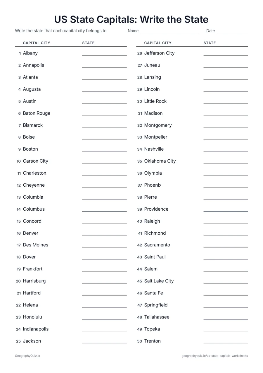 Preview of the printable US State Capitals: Write the State worksheet