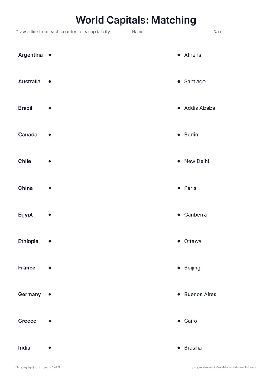 Preview of the printable World Capitals: Matching worksheet