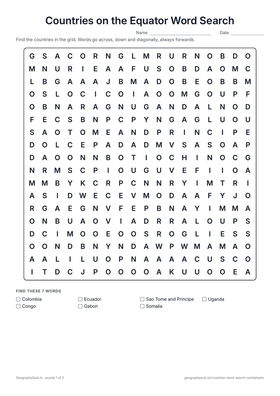 Preview of the printable Countries on the Equator Word Search worksheet: The 13 countries that the Equator passes through, in two puzzles