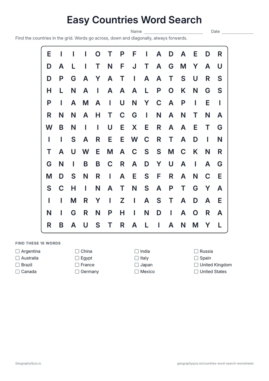 Preview of the printable Easy Countries Word Search worksheet: Sixteen well-known countries, from the United States to Japan, in one puzzle – a good first word search