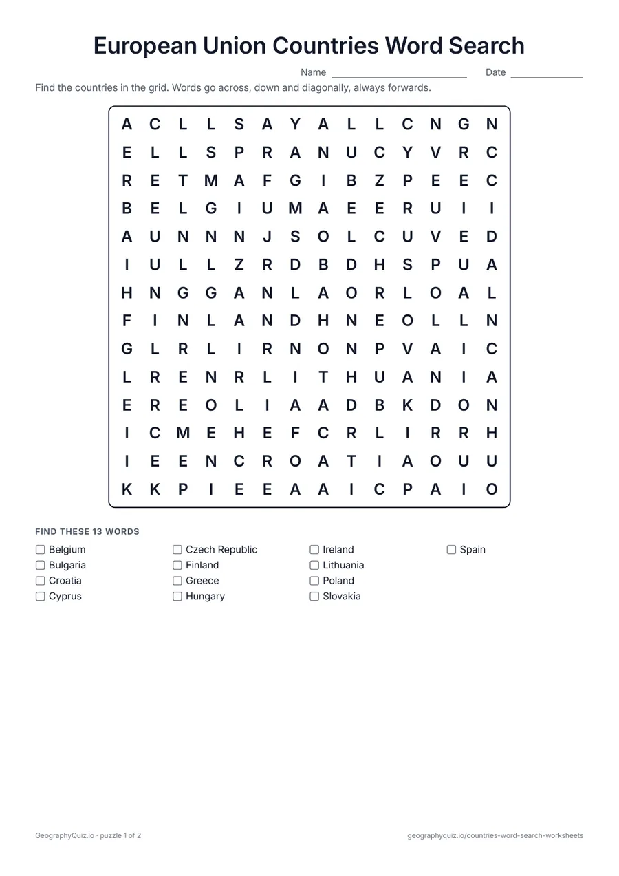 Preview of the printable European Union Countries Word Search worksheet: The 27 member countries of the European Union in two puzzles