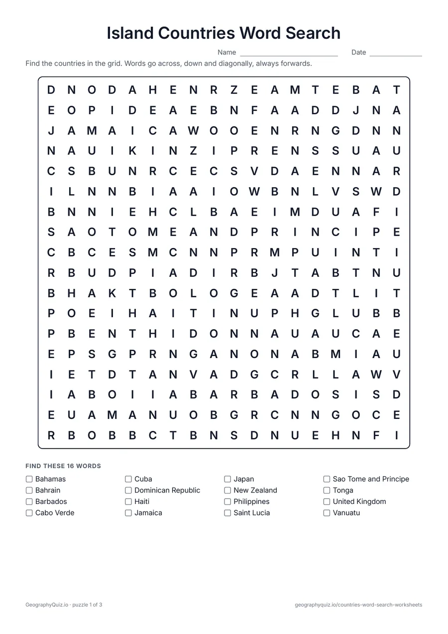 Preview of the printable Island Countries Word Search worksheet: Every island country, from Iceland to Fiji, spread over three puzzles