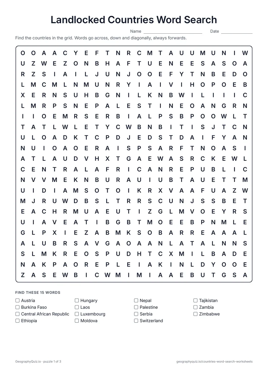 Preview of the printable Landlocked Countries Word Search worksheet: Every country with no coastline, spread over three puzzles