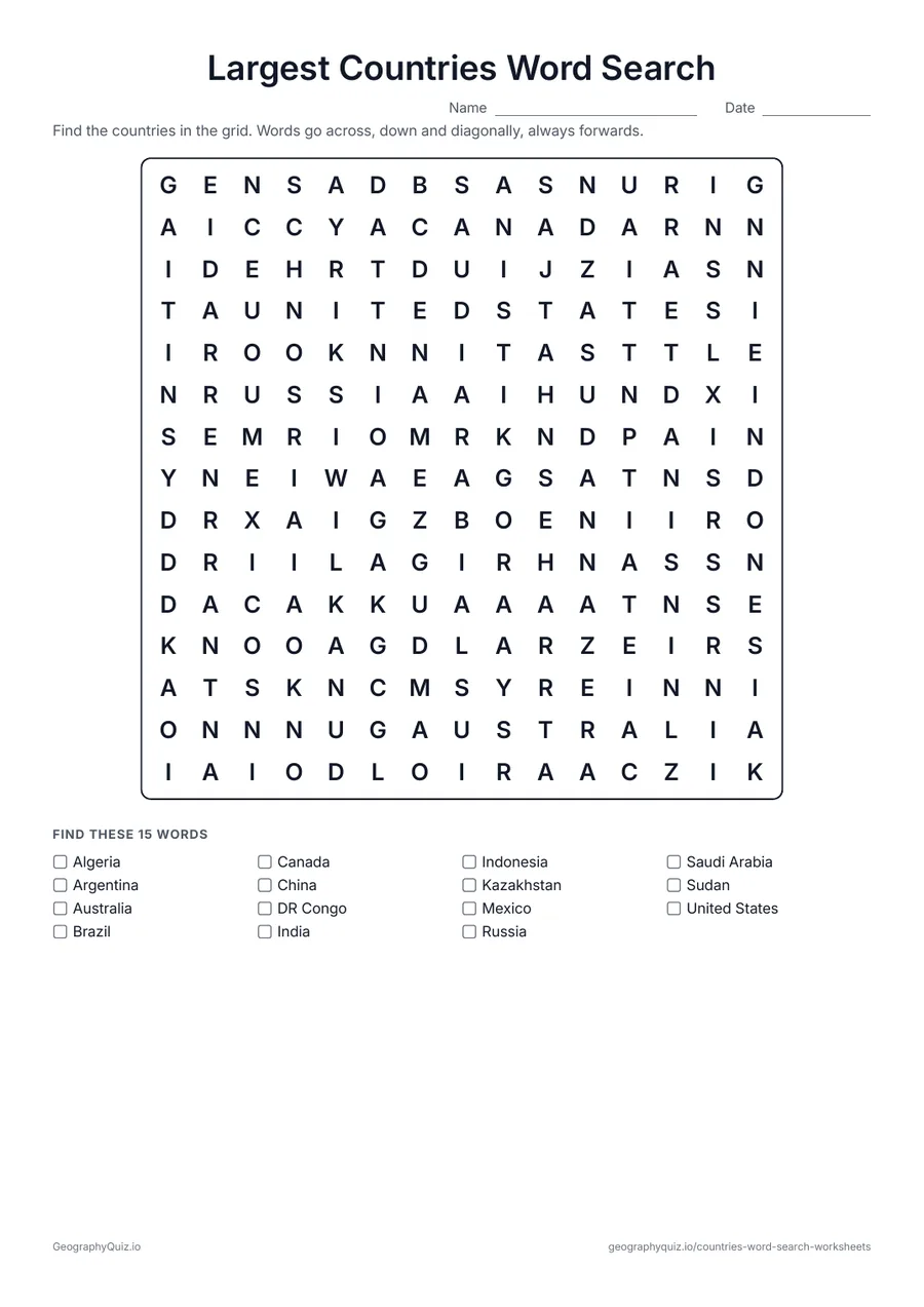 Preview of the printable Largest Countries Word Search worksheet: The 15 largest countries in the world by area, from Russia to Sudan