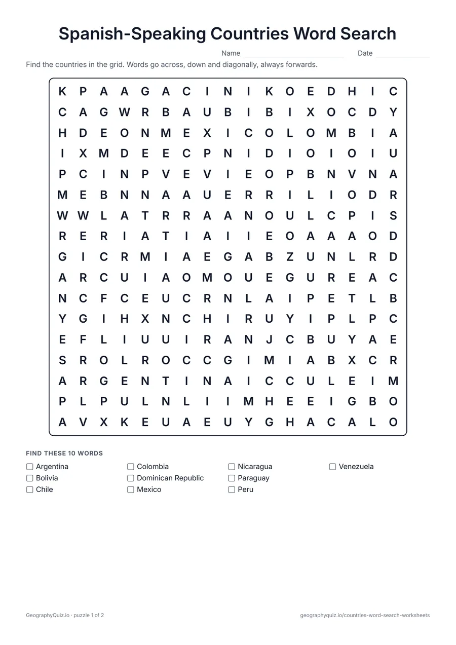 Preview of the printable Spanish-Speaking Countries Word Search worksheet: The 20 countries where Spanish is an official language, in two puzzles