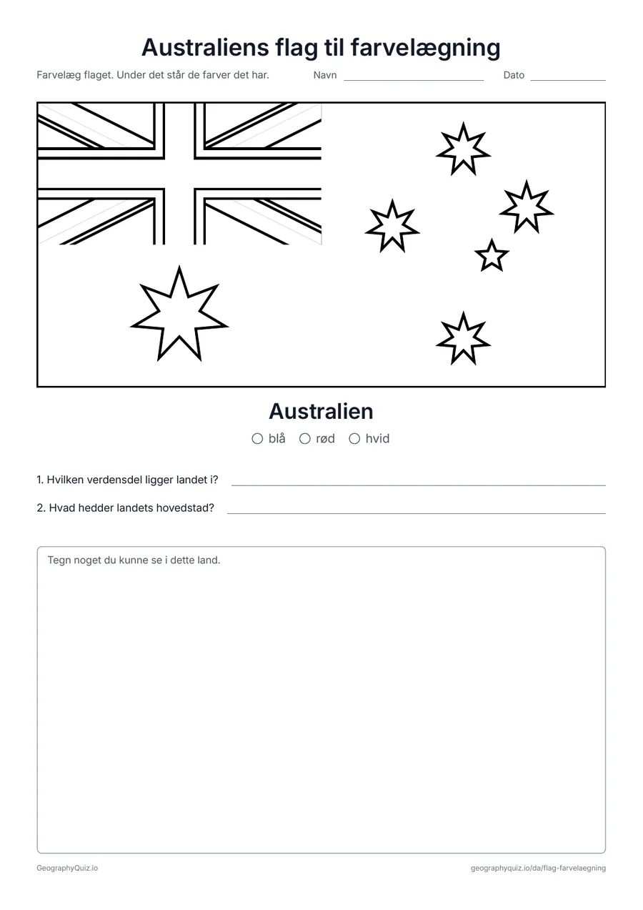 Forhåndsvisning af arbejdsarket »Australiens flag til farvelægning« til udskrift: Australiens flag i stort format og i de rigtige proportioner, med farveforklaring og to spørgsmål