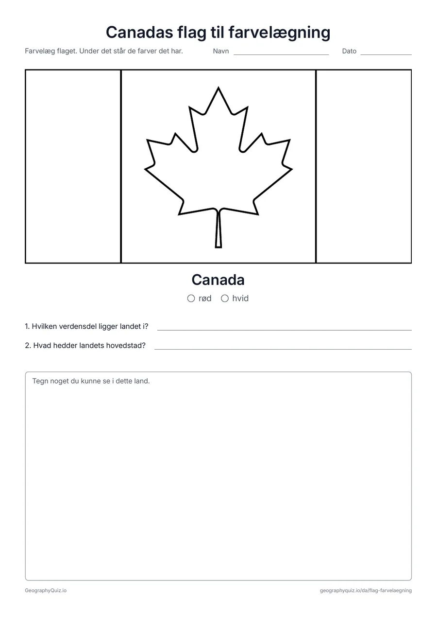 Forhåndsvisning af arbejdsarket »Canadas flag til farvelægning« til udskrift: Canadas flag i stort format og i de rigtige proportioner, med farveforklaring og to spørgsmål