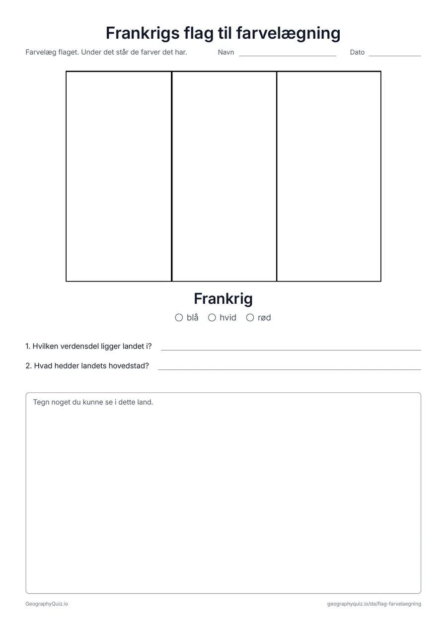 Forhåndsvisning af arbejdsarket »Frankrigs flag til farvelægning« til udskrift: Frankrigs flag i stort format og i de rigtige proportioner, med farveforklaring og to spørgsmål