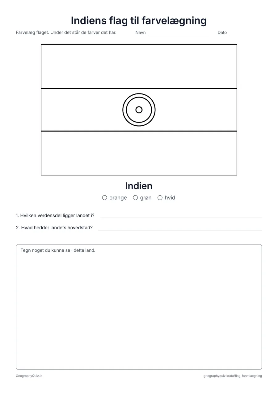 Forhåndsvisning af arbejdsarket »Indiens flag til farvelægning« til udskrift: Indiens flag i stort format og i de rigtige proportioner, med farveforklaring og to spørgsmål
