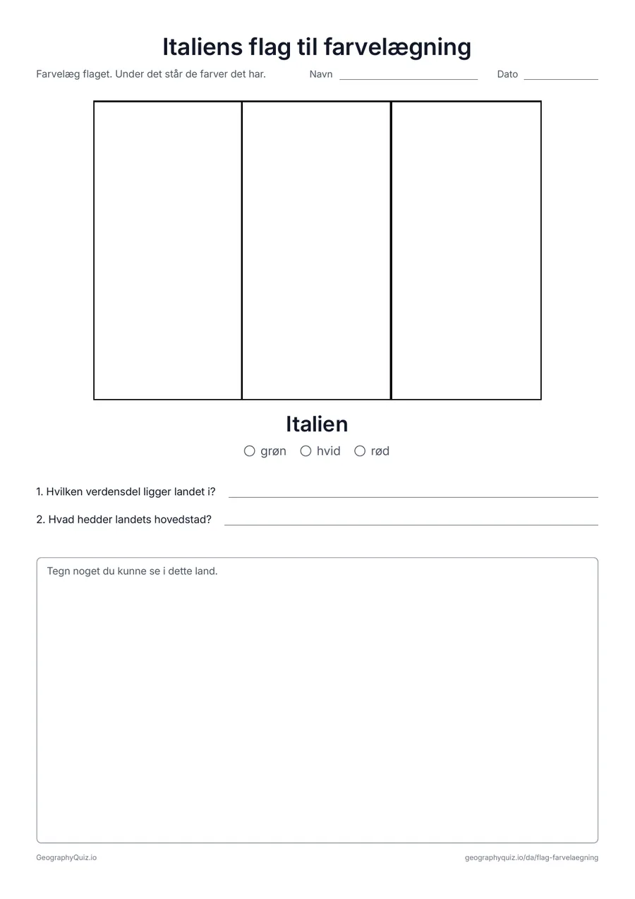 Forhåndsvisning af arbejdsarket »Italiens flag til farvelægning« til udskrift: Italiens flag i stort format og i de rigtige proportioner, med farveforklaring og to spørgsmål