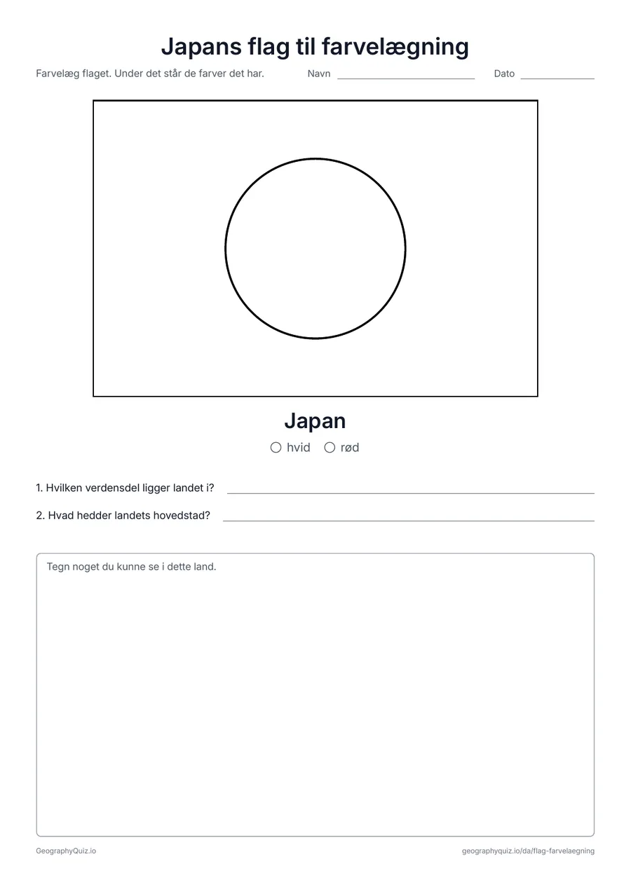 Forhåndsvisning af arbejdsarket »Japans flag til farvelægning« til udskrift: Japans flag i stort format og i de rigtige proportioner, med farveforklaring og to spørgsmål