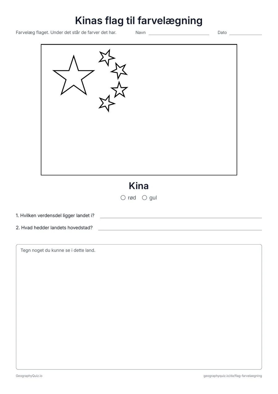 Forhåndsvisning af arbejdsarket »Kinas flag til farvelægning« til udskrift: Kinas røde flag med de fem gule stjerner, med farveforklaring og to spørgsmål