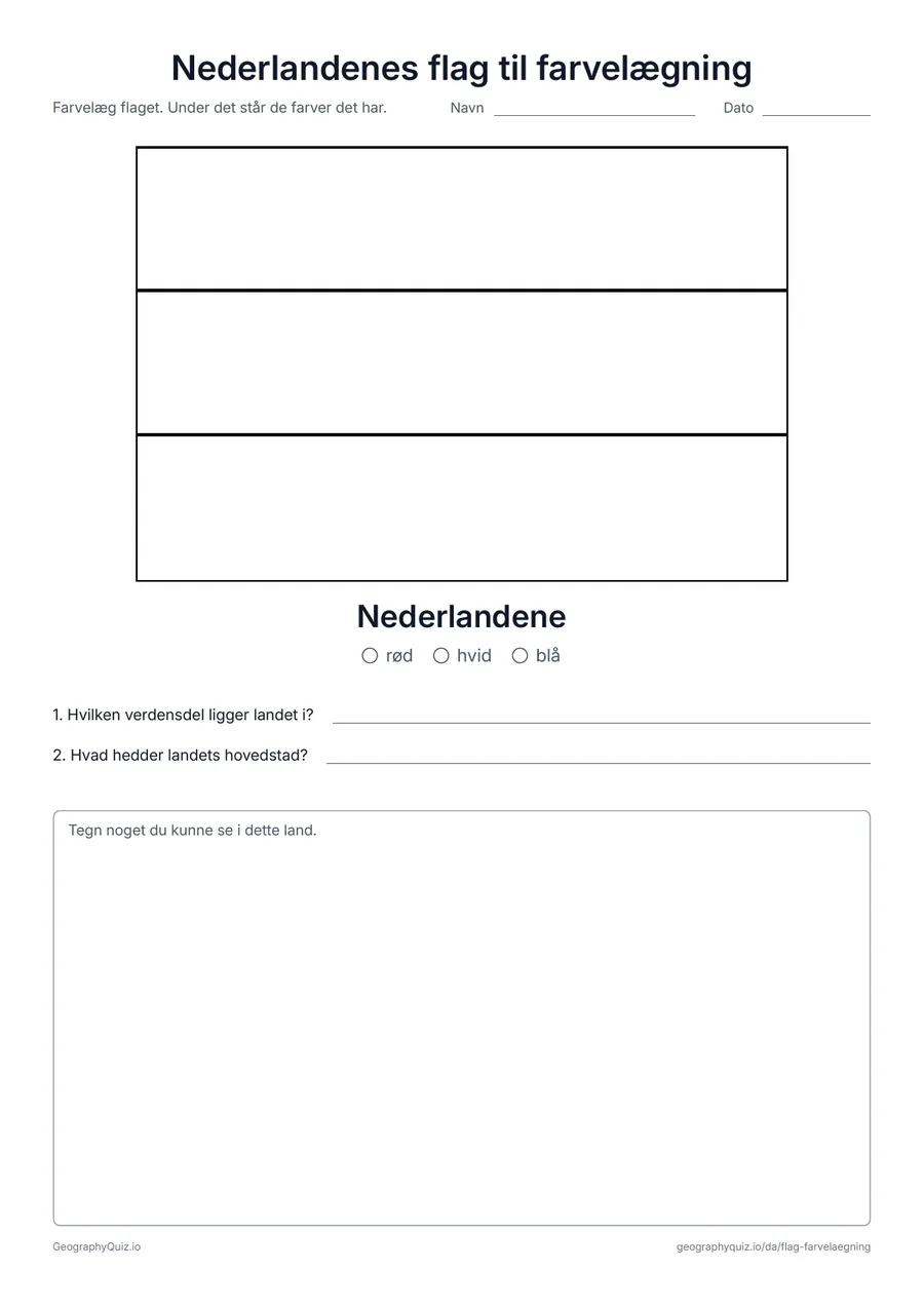 Forhåndsvisning af arbejdsarket »Nederlandenes flag til farvelægning« til udskrift: Nederlandenes røde, hvide og blå striber – et enkelt første flag at farvelægge