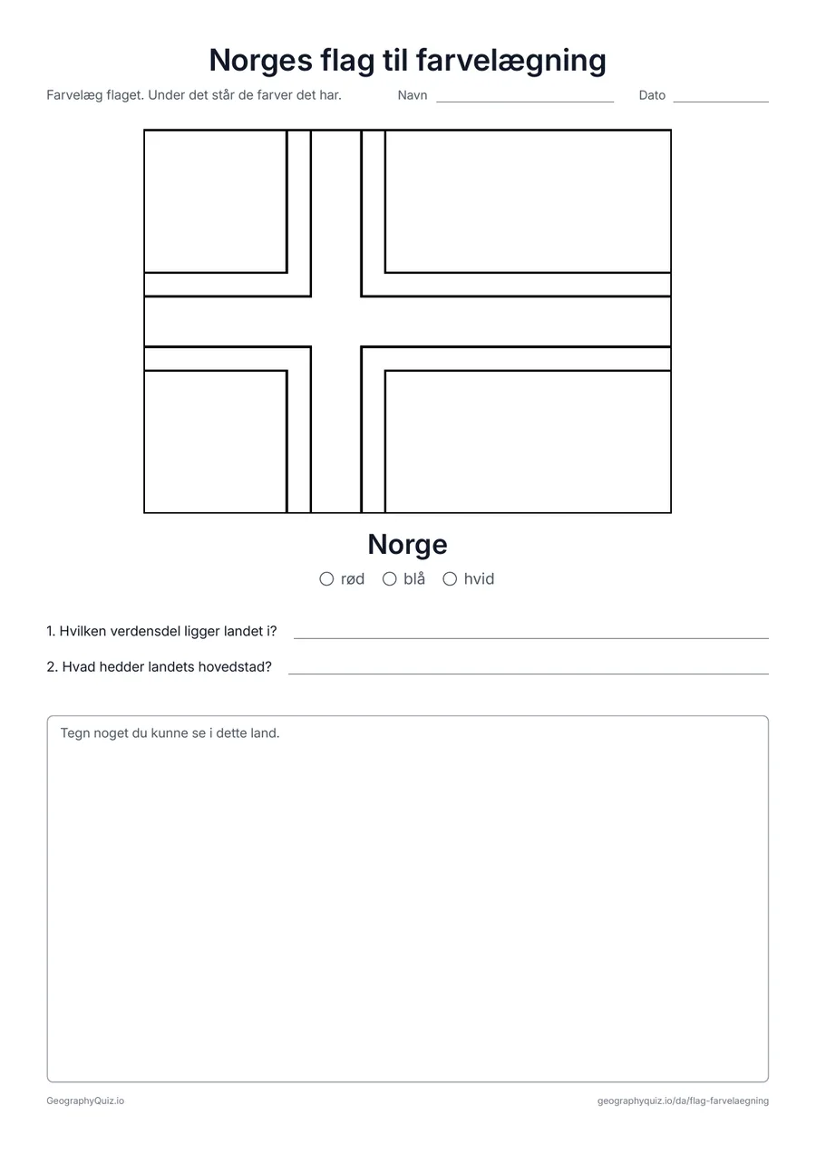 Forhåndsvisning af arbejdsarket »Norges flag til farvelægning« til udskrift: Norges røde flag med det blå kors med hvid kant, med farveforklaring og to spørgsmål