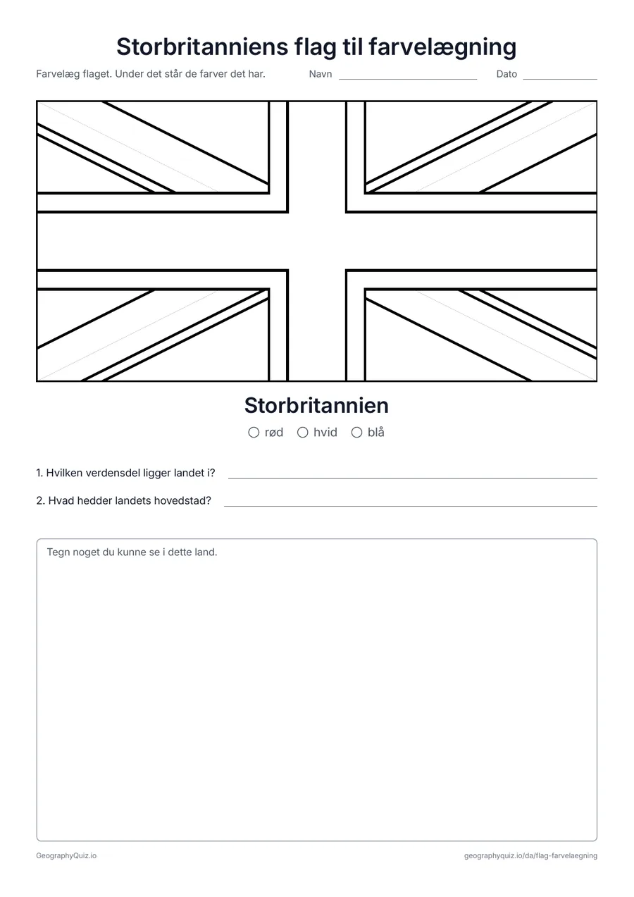 Forhåndsvisning af arbejdsarket »Storbritanniens flag til farvelægning« til udskrift: Union Jack, Storbritanniens flag, i stort format og i de rigtige proportioner, med farveforklaring og to spørgsmål